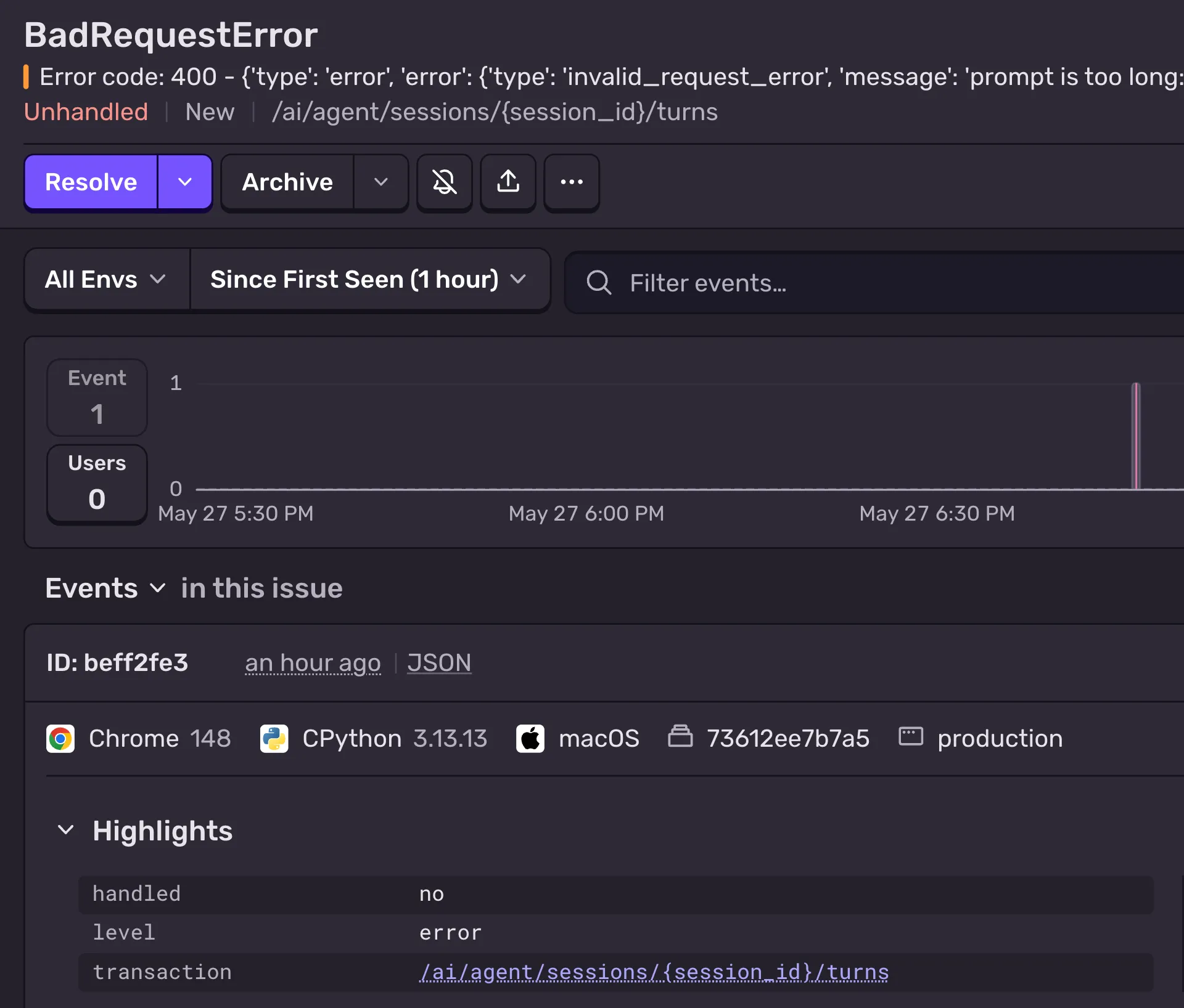 Sentry dashboard showing the BadRequestError six minutes after the wiring went live. One event, one user, unhandled. The chart spike sits at 6:47 PM EDT.